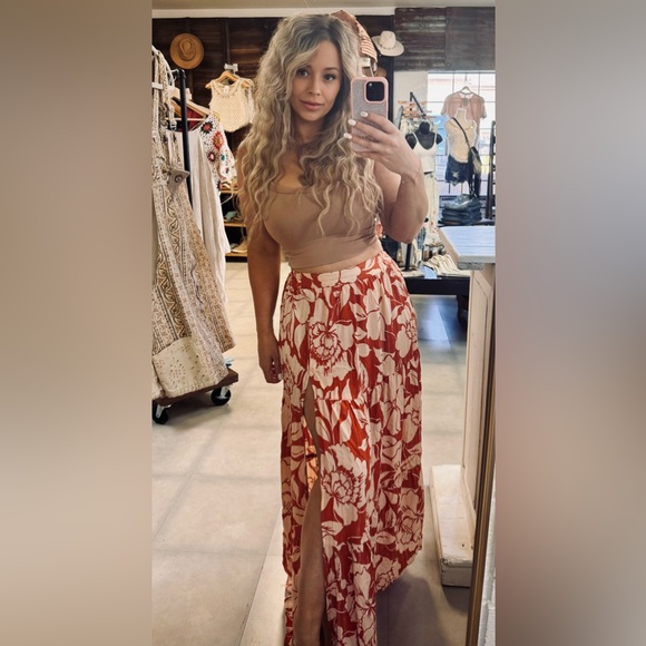 NWT Angie Floral Tropical Print Side Front Slit Long Maxi Skirt Clay - Picture 8 of 10